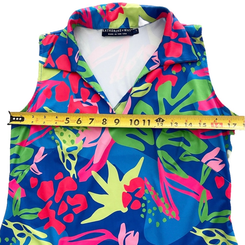 Katherine Way Blue Tropical Floral Shift Dress Size S Made USA - Picture 7 of 9
